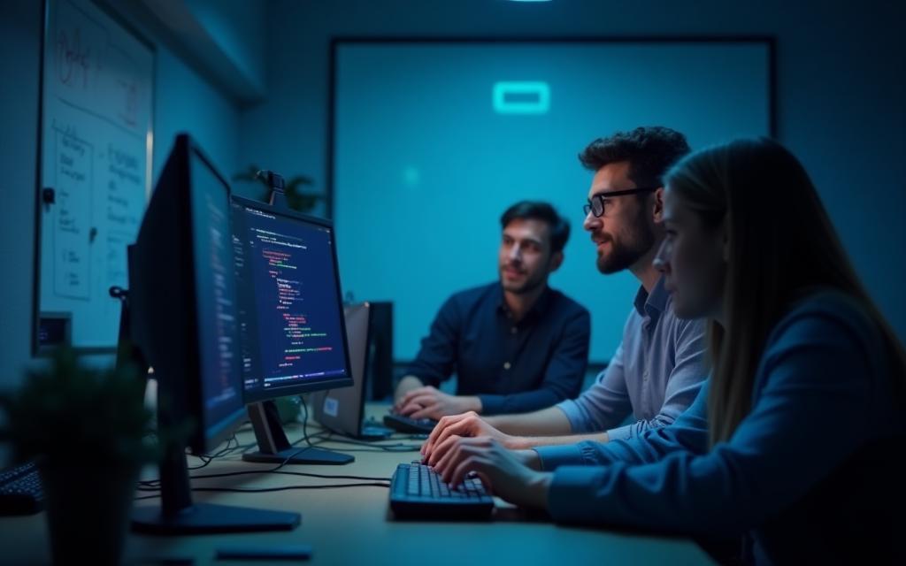 Developers collaborating on DevOps pipeline